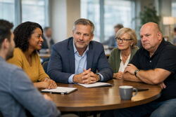 Mennesker rundt et bord, forskjellig kjønn, etnisitet og alder