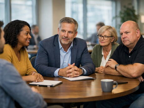 Mennesker rundt et bord, forskjellig kjønn, etnisitet og alder
