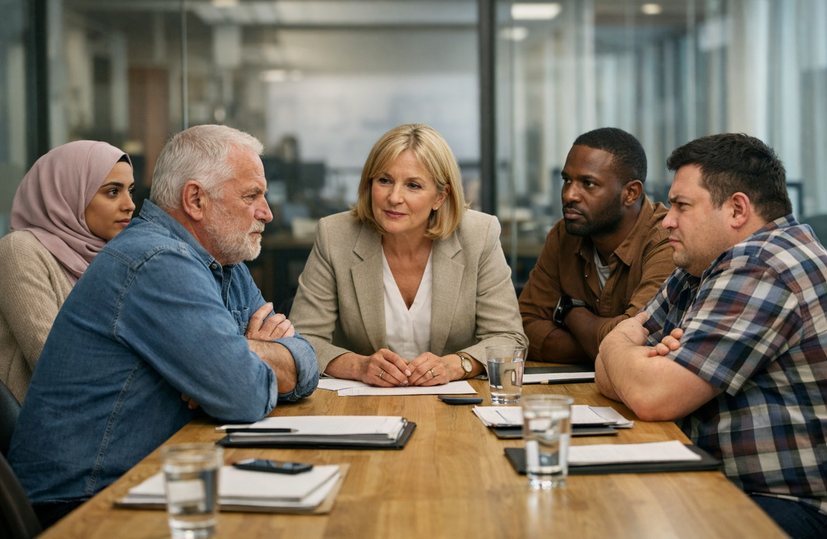 To personer på hver side av et bord. I enden en kvinne som er mekler mellom partene.
