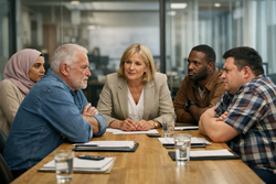 To personer på hver side av et bord. I enden en kvinne som er mekler mellom partene.