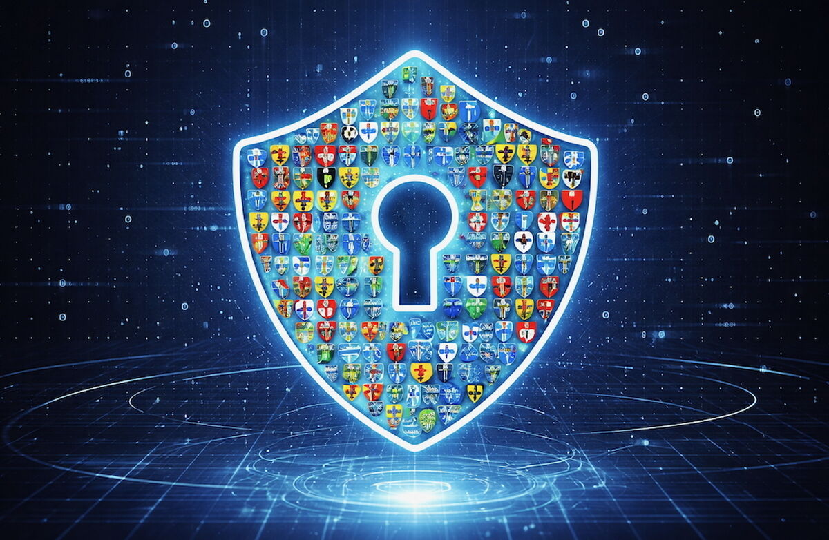 Blå bakgrunn og mange små kommunevåpen i forgrunnen.