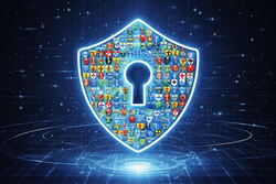 Blå bakgrunn og mange små kommunevåpen i forgrunnen.