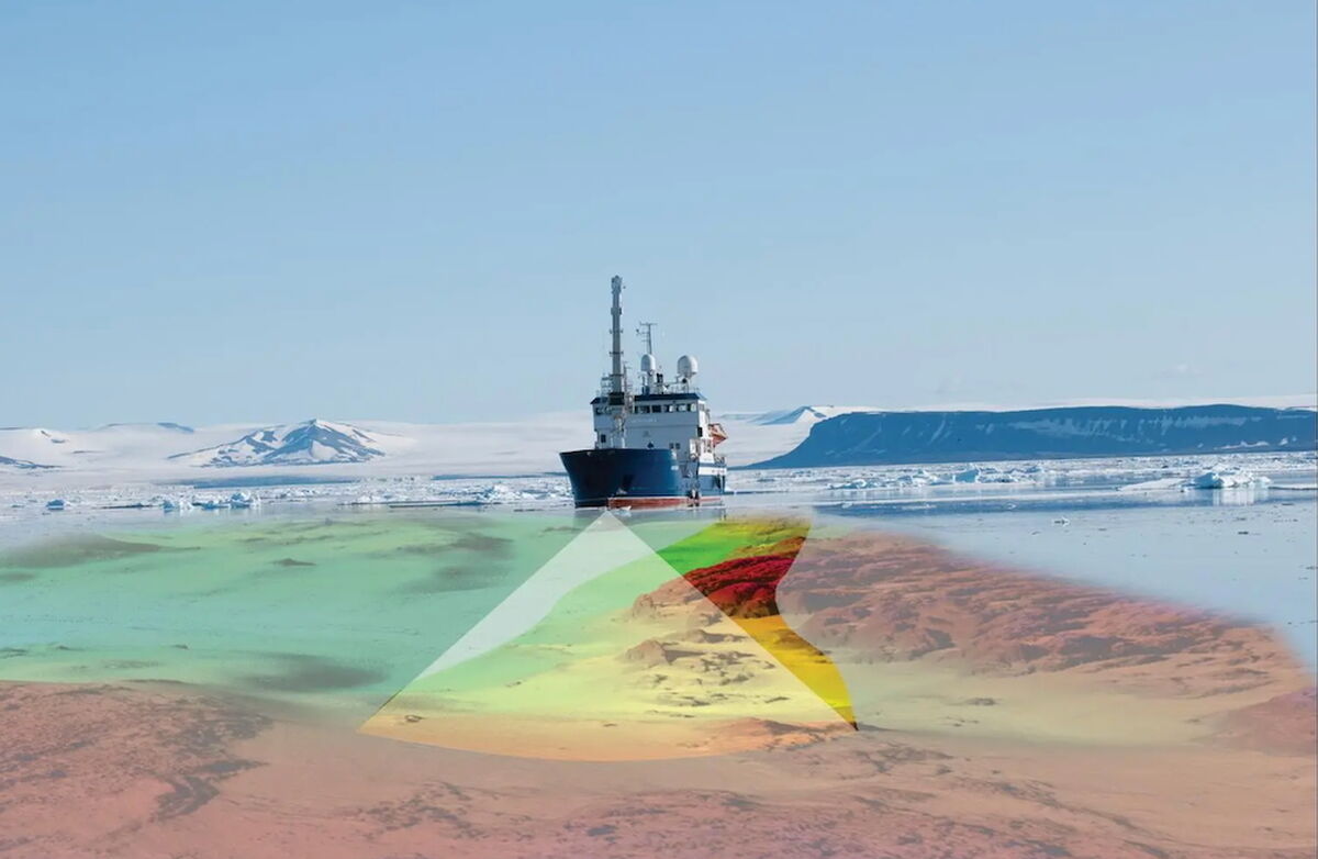 Et skip i arktiske strøk kartlegger havbunnen.