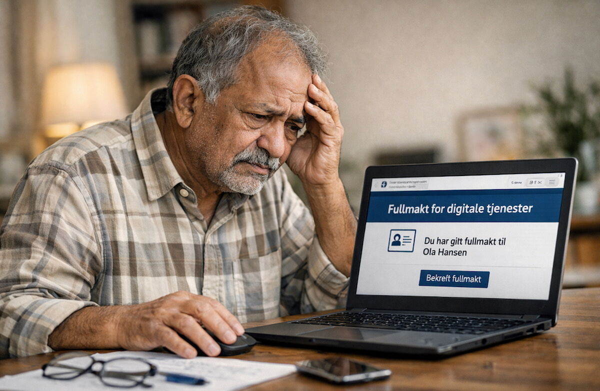 Målet er at alle Skatteetatens tjenester skal være tilgjengelige for alle brukere., skriver Christel Halsen. Foto: KI-generert Frustrert mann ved PCen