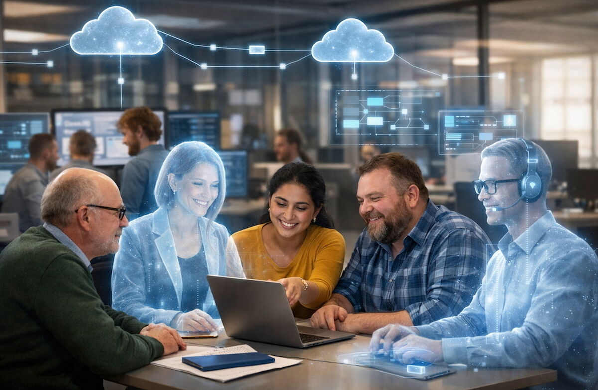 KI-agenter handler ikke bare om ny teknologi, men om å jobbe på nye måter – med digitale kolleger som både kan øke kapasiteten og utfordre gamle vaner. Foto: KI-generert Mennesker som samhandler med KI-agenter