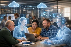 KI-agenter handler ikke bare om ny teknologi, men om å jobbe på nye måter – med digitale kolleger som både kan øke kapasiteten og utfordre gamle vaner. Foto: KI-generert Mennesker som samhandler med KI-agenter