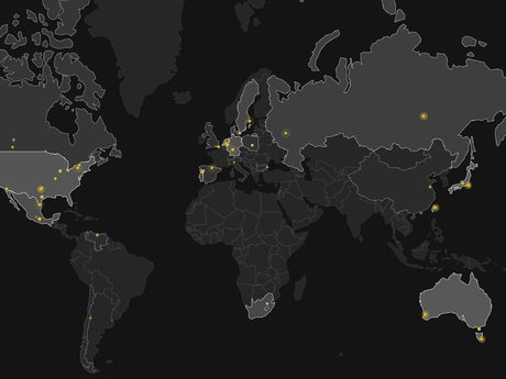 Illustrasjon av kartet som viser hvor filer blir lastet ned. Kartet er mørkt og grått med lyse spredde punkter.