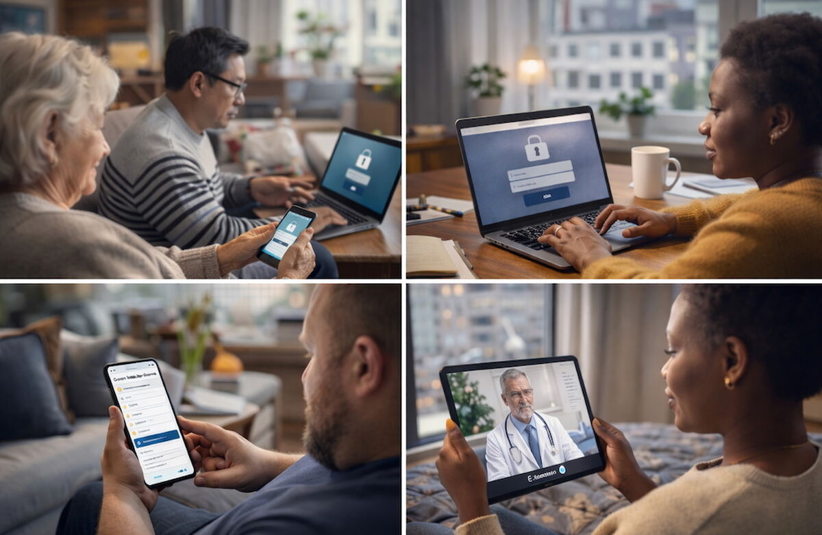 Firedelt bilde med folk som svarer på undersøkelsen.