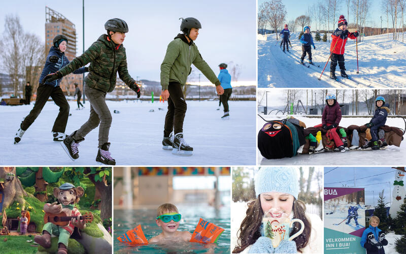Collage som viser ulike vinterferieaktiviteter i Mjøsparken