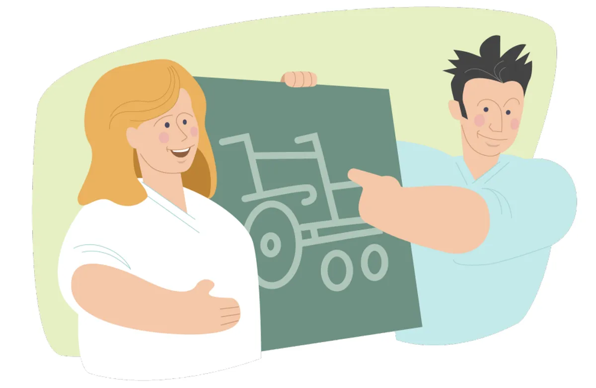 Tegning av helsepersonell, en lubben kvinne og en lubben mann, holder oppe en tavle med tenging av en rullestol.