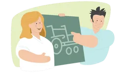 Tegning av helsepersonell, en lubben kvinne og en lubben mann, holder oppe en tavle med tenging av en rullestol.