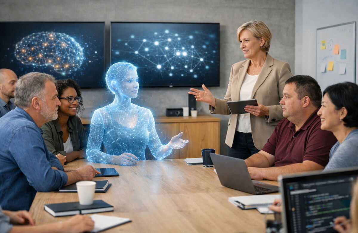 Ansatte av begge kjønn rundt et bord, og en person består av lyspunkter, noe som illustrerer en digital ansatt