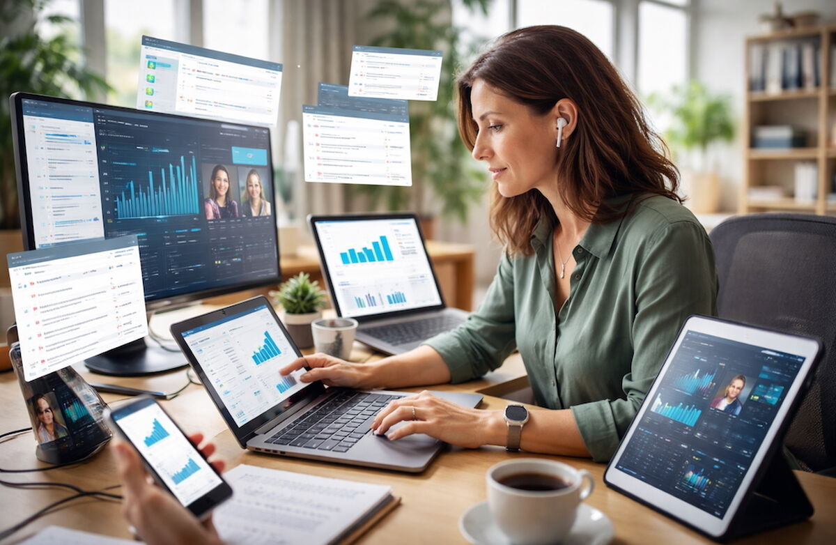 Hvorfor mistenkeliggjør vi bruken av KI? I mange norske miljøer gir friksjon status: en rapport som tar tre uker virker mer seriøs enn en som tar tre dager, uavhengig av om den er bedre, skriver Tor W. Andreassen. En kvinne omgitt av skjermer på et kontor