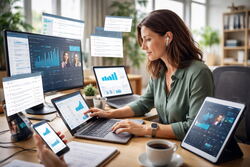 En kvinne omgitt av skjermer på et kontor