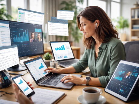 En kvinne omgitt av skjermer på et kontor