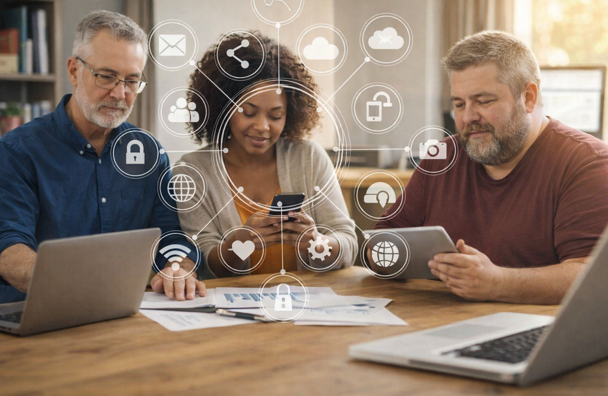 Bildet viser tre personer rundt et trebord på et kontor: en gråhåret mann med laptop, en yngre kvinne som ser på mobilen, og en kraftig skjeggete mann med nettbrett, omgitt av hvite, digitale ikoner som symboliserer nettverk.