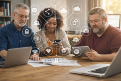 Bildet viser tre personer rundt et trebord på et kontor: en gråhåret mann med laptop, en yngre kvinne som ser på mobilen, og en kraftig skjeggete mann med nettbrett, omgitt av hvite, digitale ikoner som symboliserer nettverk.