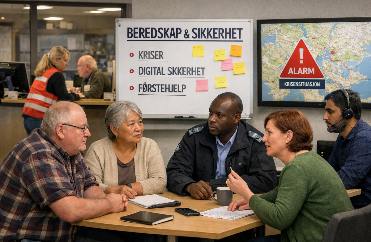 Vi samler innspill nå i startfasen, og bruker dem til å forme tema, målgruppe og format. Foto: KI-generert En mangfoldig gruppe voksne sitter i møte om beredskap, foran tavle med teksten “BEREDSKAP & SIKKERHET” og punkter om kriser, digital sikkerhet og førstehjelp, samt kartskjerm med rødt alarmsymbol.