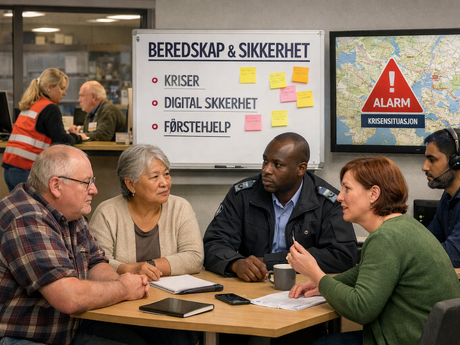 En mangfoldig gruppe voksne sitter i møte om beredskap, foran tavle med teksten “BEREDSKAP & SIKKERHET” og punkter om kriser, digital sikkerhet og førstehjelp, samt kartskjerm med rødt alarmsymbol.