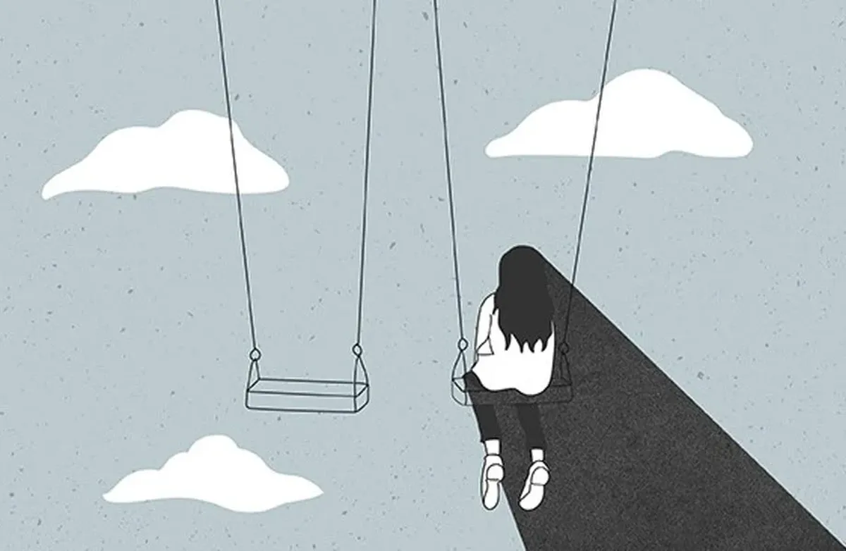 Tegning med en jente med langt hår som sitter alene på en huske.