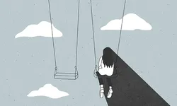 Tegning med en jente med langt hår som sitter alene på en huske.