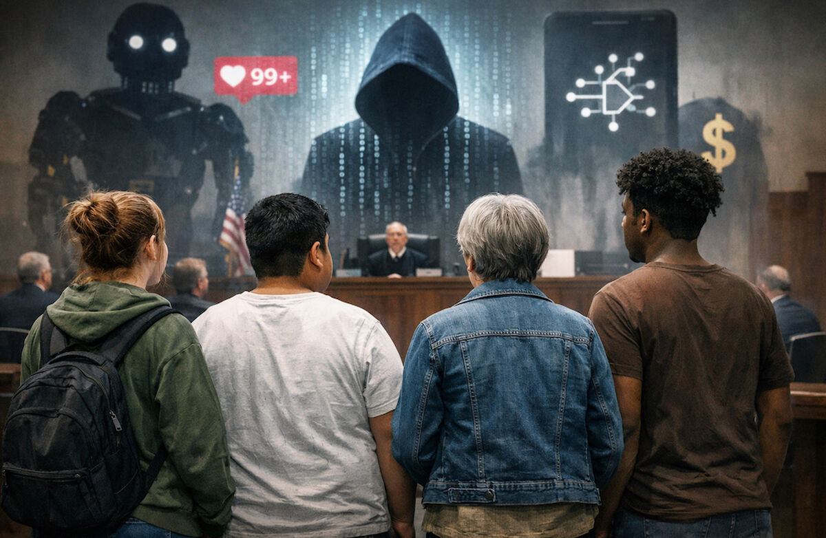 Fire personer står i en rettssal med ryggen mot kamera. Foran dem sitter en dommer, mens store symboler på teknologi og makt ruver bak. Bildet uttrykker en dramatisk konflikt mellom vanlige mennesker og teknologigiganter.