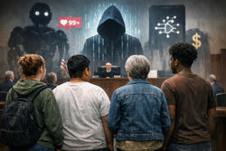 Fire personer står i en rettssal med ryggen mot kamera. Foran dem sitter en dommer, mens store symboler på teknologi og makt ruver bak. Bildet uttrykker en dramatisk konflikt mellom vanlige mennesker og teknologigiganter.