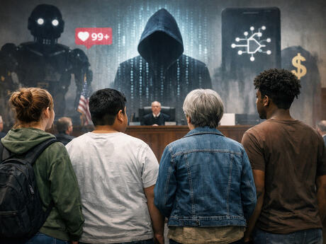 Fire personer står i en rettssal med ryggen mot kamera. Foran dem sitter en dommer, mens store symboler på teknologi og makt ruver bak. Bildet uttrykker en dramatisk konflikt mellom vanlige mennesker og teknologigiganter.