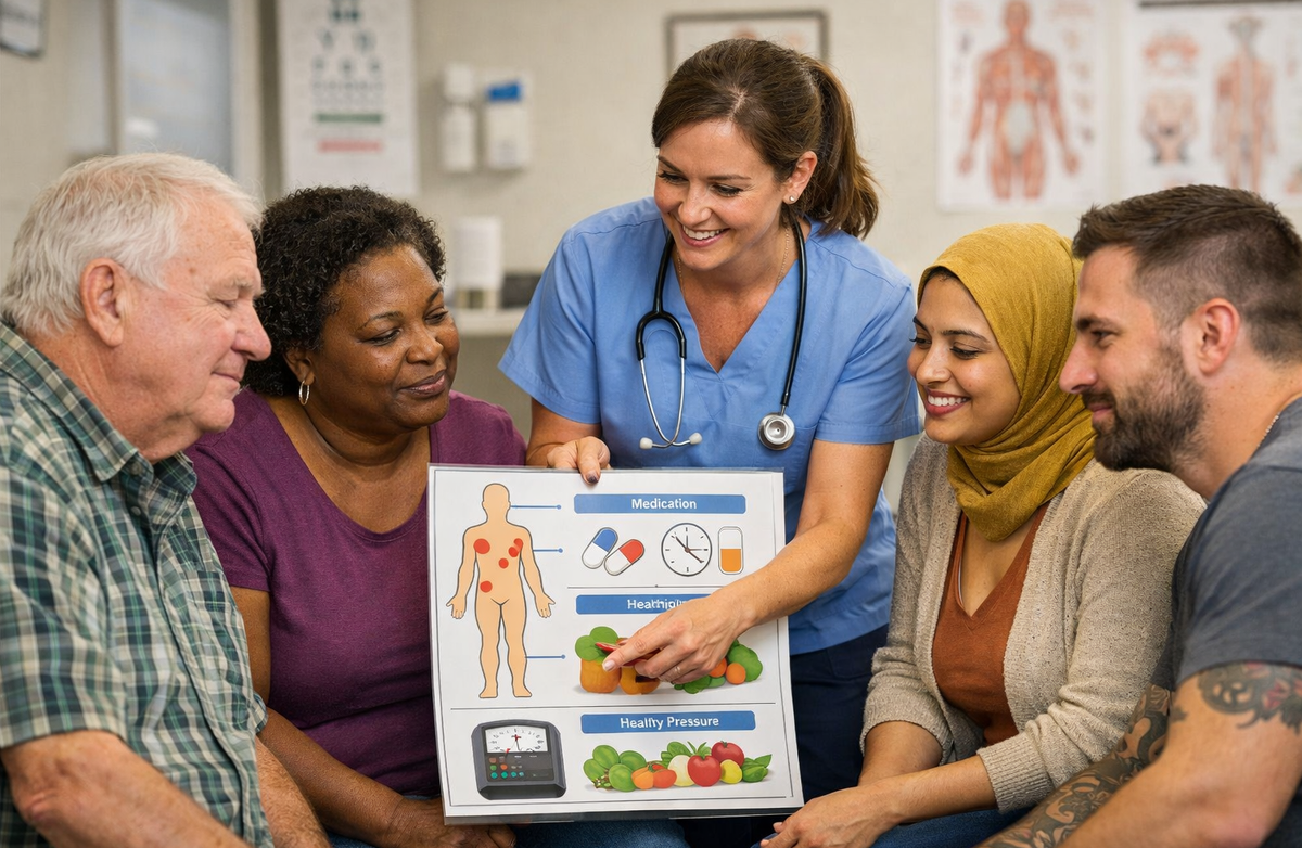 En sykepleier forklarer helse med en enkel plansje for en mangfoldig gruppe pasienter. De lytter oppmerksomt i et lyst legekontor, mens bildene viser medisiner, kosthold, smerter og blodtrykk.