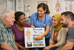 I helsesektoren handler det ikke bare om å skrive bedre. Det handler om å gjøre det mulig for flere å forstå, vurdere og bruke informasjon som kan få stor betydning for livet deres. Foto: KI-generert En sykepleier forklarer helse med en enkel plansje for en mangfoldig gruppe pasienter. De lytter oppmerksomt i et lyst legekontor, mens bildene viser medisiner, kosthold, smerter og blodtrykk.