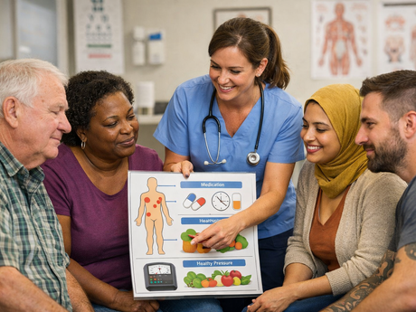 En sykepleier forklarer helse med en enkel plansje for en mangfoldig gruppe pasienter. De lytter oppmerksomt i et lyst legekontor, mens bildene viser medisiner, kosthold, smerter og blodtrykk.
