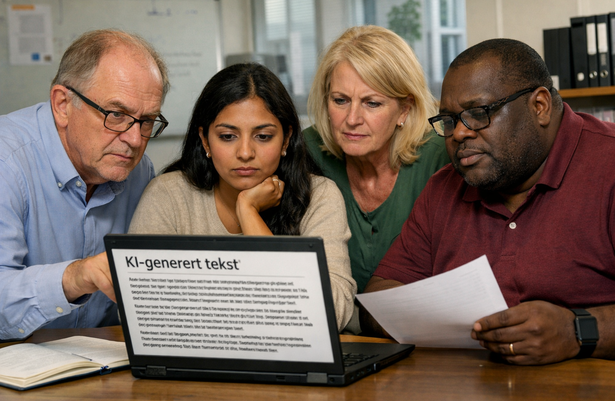 Personer samlet rundt en PC med KI-generert tekst