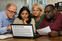 Personer samlet rundt en PC med KI-generert tekst