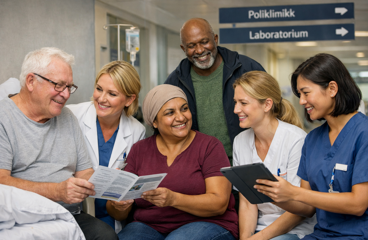 Pasienter og helsepersonell samles i en sykehuskorridor rundt felles informasjon, i en varm og tillitsfull situasjon som signaliserer trygghet, dialog og bedre forståelse.