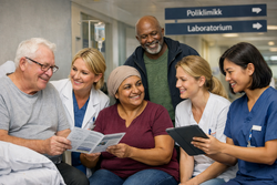 Etter ti år med felles sykehustekster var budskapet fortsatt det samme: God pasientinformasjon er ikke en detalj. Det er en del av selve behandlingskvaliteten, poengterer Fredrik Gustav Lorentzen og Elisabeth Stakkeland. Illustrasjonsfoto: KI-generert Pasienter og helsepersonell samles i en sykehuskorridor rundt felles informasjon, i en varm og tillitsfull situasjon som signaliserer trygghet, dialog og bedre forståelse.