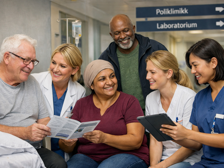 Pasienter og helsepersonell samles i en sykehuskorridor rundt felles informasjon, i en varm og tillitsfull situasjon som signaliserer trygghet, dialog og bedre forståelse.