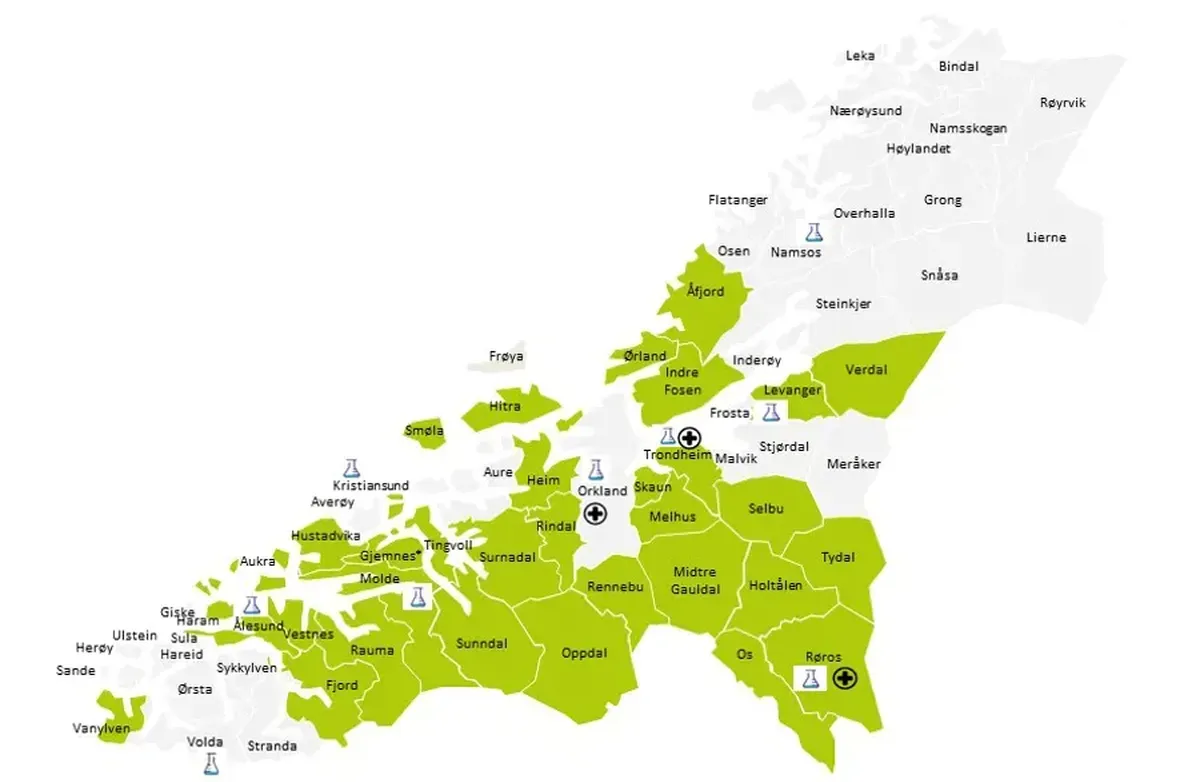 Karutsnitt for midt-norge som viser helseplattformens utbredelse