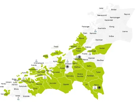 Karutsnitt for midt-norge som viser helseplattformens utbredelse