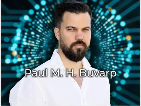 Mann med mørkt hår, KI-generertl psykedelisk bakgrunn.