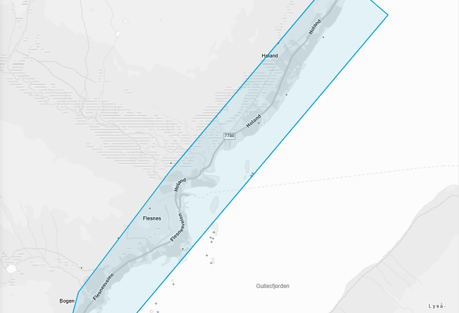 Kartutsnitt for planlagt vannavstengning Holand, Flesnesveien 14. april 2026