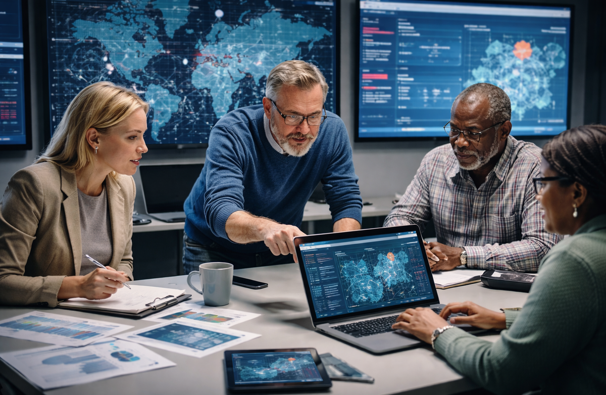 Fire personer analyserer digital risiko i et moderne møterom, omgitt av skjermer med kart, grafer og sikkerhetsdata. De samarbeider tett om å avdekke sårbarheter i digital infrastruktur.