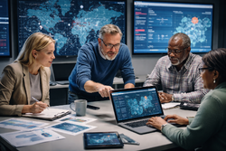 Fire personer analyserer digital risiko i et moderne møterom, omgitt av skjermer med kart, grafer og sikkerhetsdata. De samarbeider tett om å avdekke sårbarheter i digital infrastruktur.