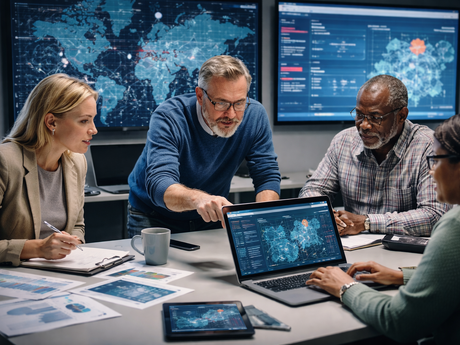 Fire personer analyserer digital risiko i et moderne møterom, omgitt av skjermer med kart, grafer og sikkerhetsdata. De samarbeider tett om å avdekke sårbarheter i digital infrastruktur.