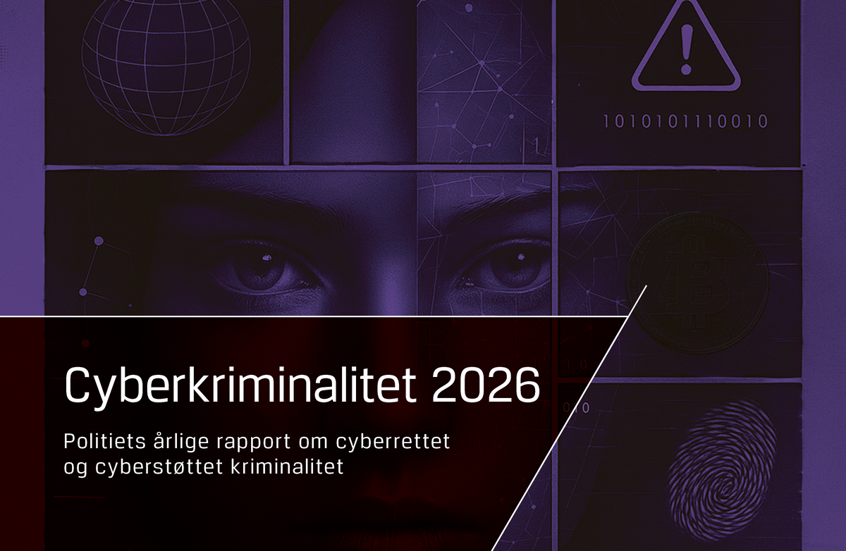 Forside til Kripos-rapporten Cyberkriminalitet 2026. Mørklilla design med ansikt, øyne, fingeravtrykk, bitcoin-symbol, varseltrekant og digitale nettverksmønstre.