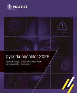 Forside til Kripos-rapporten Cyberkriminalitet 2026. Mørklilla design med ansikt, øyne, fingeravtrykk, bitcoin-symbol, varseltrekant og digitale nettverksmønstre.