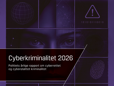 Forside til Kripos-rapporten Cyberkriminalitet 2026. Mørklilla design med ansikt, øyne, fingeravtrykk, bitcoin-symbol, varseltrekant og digitale nettverksmønstre.