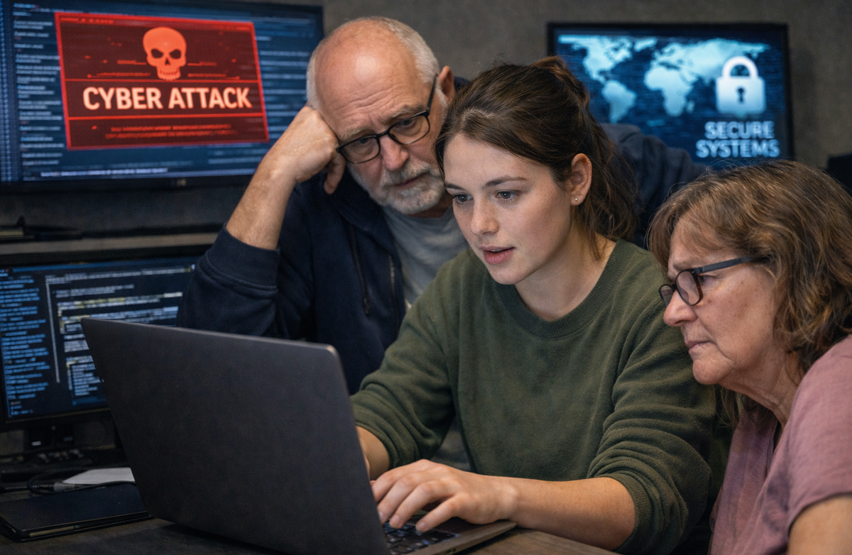 Ung kvinne jobber fokusert ved en laptop under et cyberangrep, mens en eldre mann og en eldre kvinne følger spent med foran skjermer med sikkerhetsvarsler.