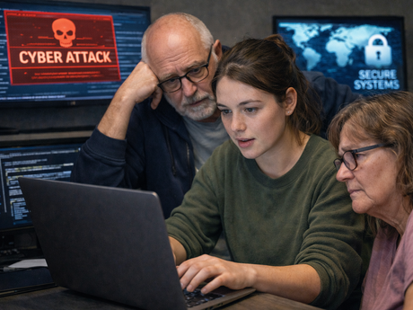 Ung kvinne jobber fokusert ved en laptop under et cyberangrep, mens en eldre mann og en eldre kvinne følger spent med foran skjermer med sikkerhetsvarsler.