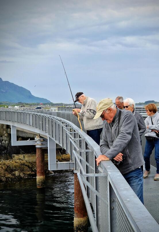 Seniorer fisker fra bro