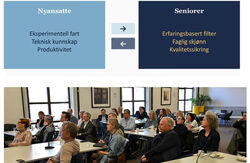 Presentasjon om samspill mellom nyansatte og seniorer: fart og teknisk kunnskap møter erfaring og kvalitetssikring. Under sitter et publikum og følger foredraget i et møterom.